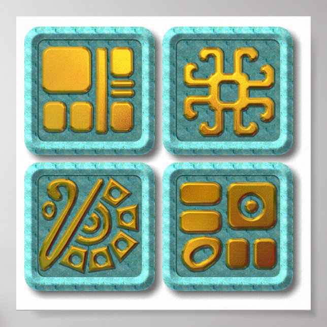 Poster Glyphes mayas-turquoise (Devant)