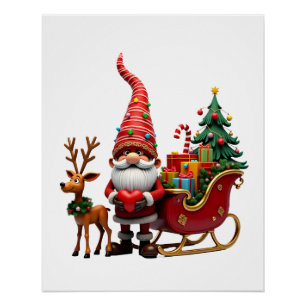 Poster Gnome Lumière de Noël Père Noël Traîneau Élevé