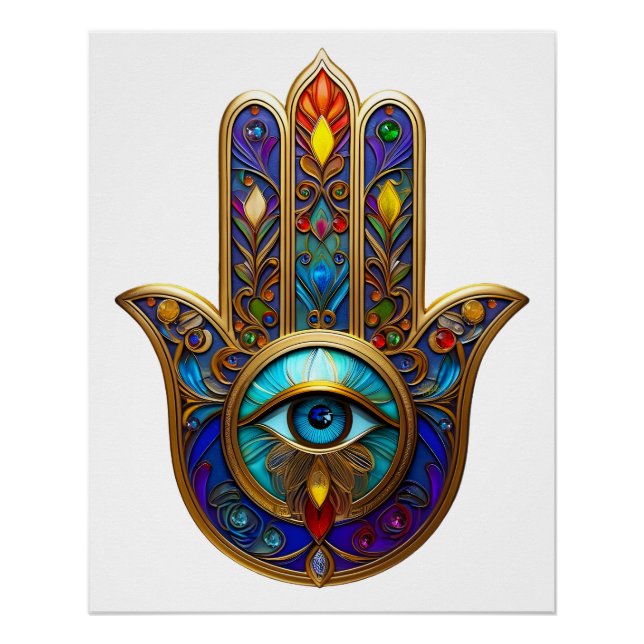 Poster Gold Colorful Hamsa Turquoise Sapphire Third Eye  (Devant)