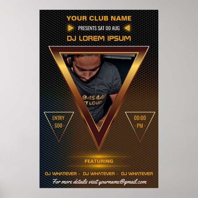 Poster Gold DJ Music and Dance Gig ajouter photo et logo (Devant)