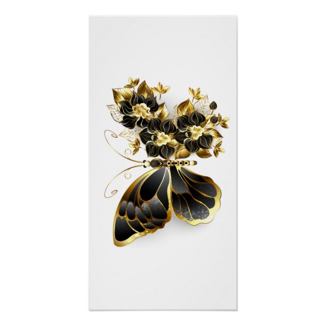 Poster Gold flower Butterfly with Black Orchid (Devant)
