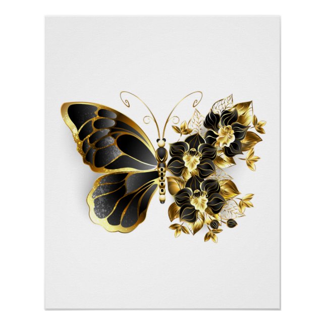 Poster Gold flower Butterfly with Black Orchid (Devant)