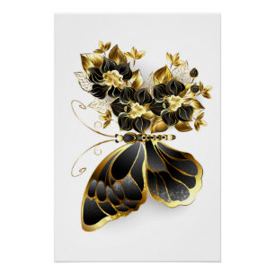 Poster Gold flower Butterfly with Black Orchid