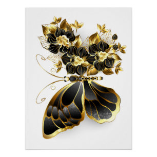 Poster Gold flower Butterfly with Black Orchid
