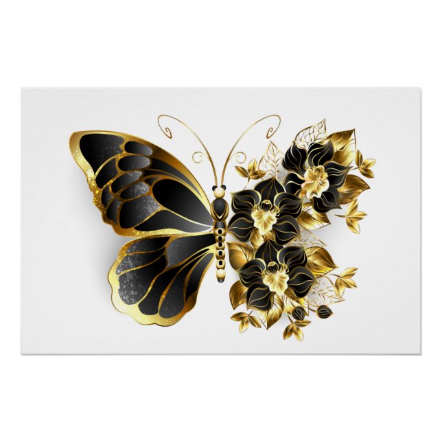 Poster Gold flower Butterfly with Black Orchid (Devant)