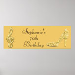 Poster Gold Music Note and Stiletto 70th Birthday<br><div class="desc">Womens' and girls' personalized, elegant custom 70th birthday party celebration party banner. Beautiful gold and black girls' and woman's seventieth / seventy years old / 70 year old birthday party banners with a glamorous printed image rhinestones / diamonds glitter, sequins, jewels sparkle high heel stiletto shoe, and glittery musical note...</div>