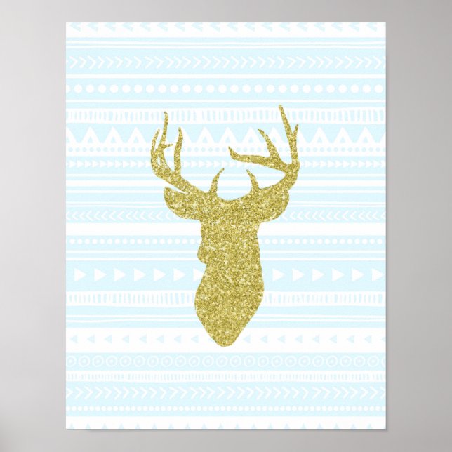 Poster Gold Sky Blue Nursering Decor Deer Tribal Motif (Devant)