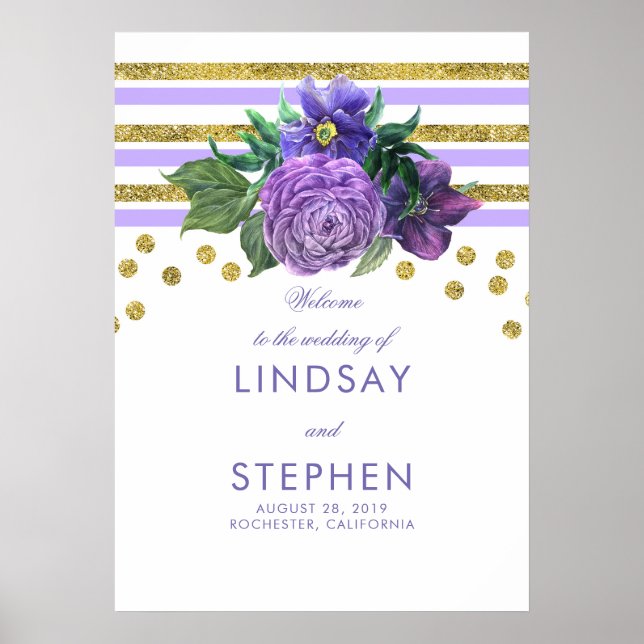Poster Gold Stripes Floral Lilac Purple Mariage Bienvenue (Devant)