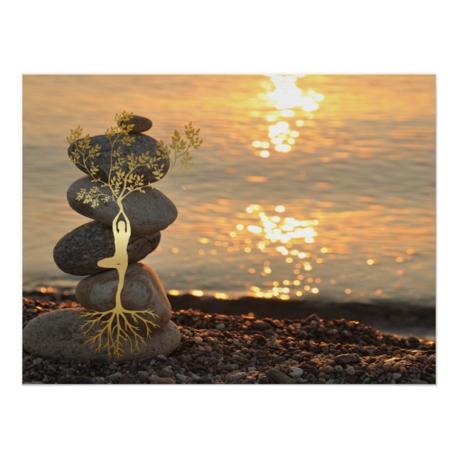 Poster Gold Tree Girl Silhouette Zen Stones, Coucher de s (Devant)