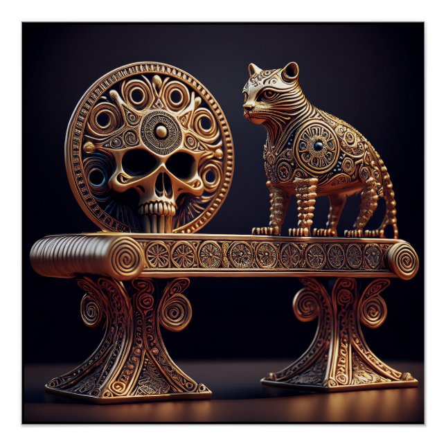 Poster Golden Android Cat On Pedestal With Skull Shield (Devant)