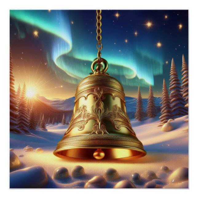 Poster Golden Christmas Bell  Snowy Winter Scene Glossy (Devant)