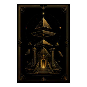 Poster Golden Egyptian Temple Portal and Floating Pyramid