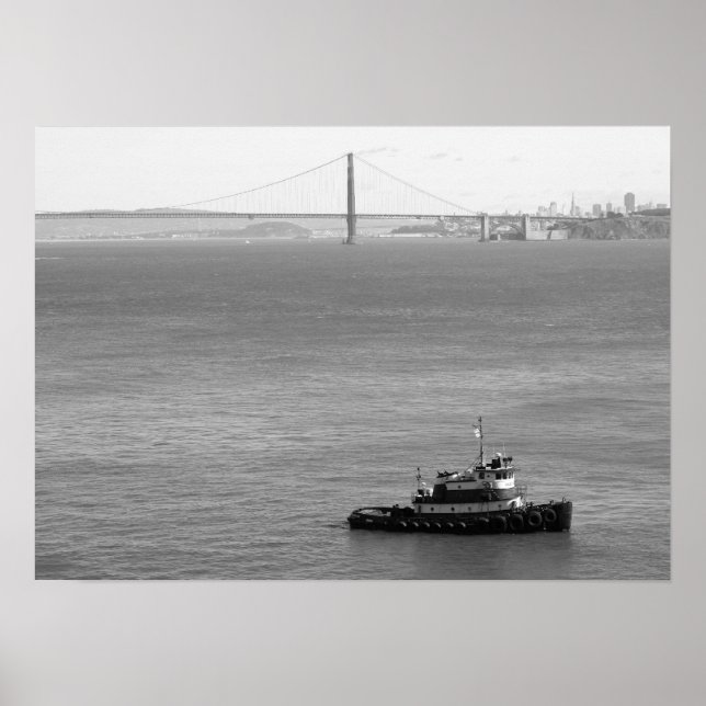 Poster Golden Gate Bridge, Tug Boat, noir et blanc (Devant)