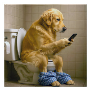 Poster Golden Retriever Assis Sur Les Toilettes En Train 