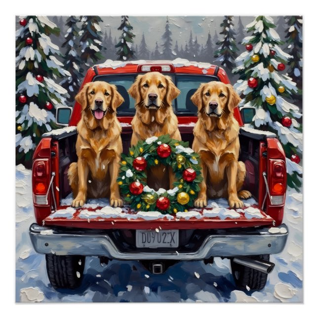 Poster Golden Retriever Christmas Red Truck Holiday (Devant)