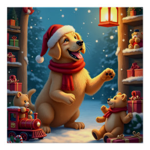 Poster Golden Retriever dans l'atelier du Père Noël Noël