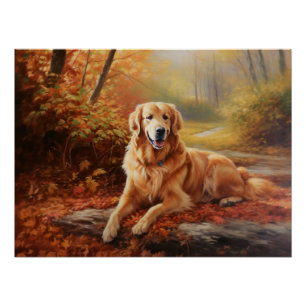 Poster Golden Retriever dans les feuilles d'automne qui t