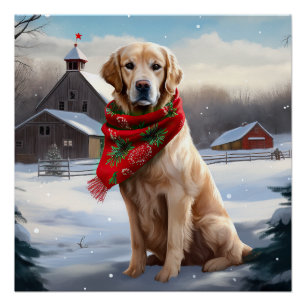 Poster Golden Retriever Dog in Snow Christmas