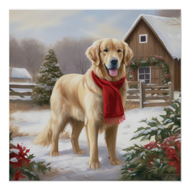 Poster Golden Retriever Dog in Snow Christmas