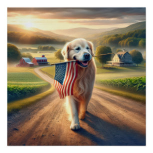 Poster Golden Retriever portant un drapeau américain