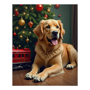 Poster Golden Retriever près du train jouet de Noël