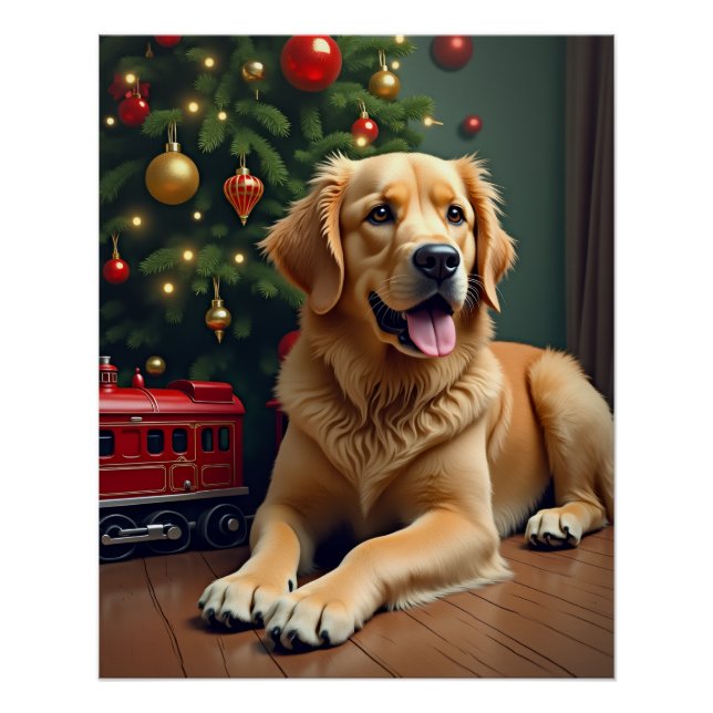 Poster Golden Retriever près du train jouet de Noël (Devant)