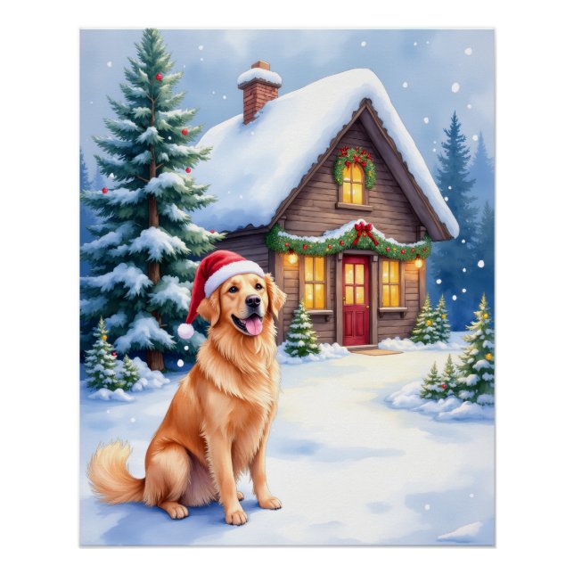 Poster Golden Retriever Rustic Cabin Santa Hat Christmas (Devant)