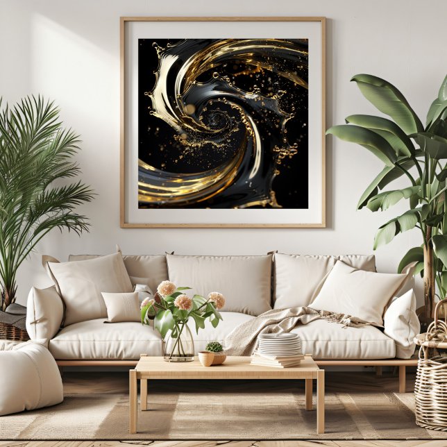 Poster Golden Swirl Dynamics (Add a touch of luxury to your space with this elegant black and gold abstract swirl artwork.)