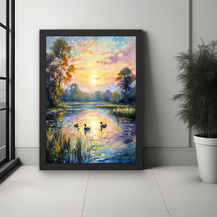 Poster Golden Tranquillité Sunset Pond Paysage avec canar