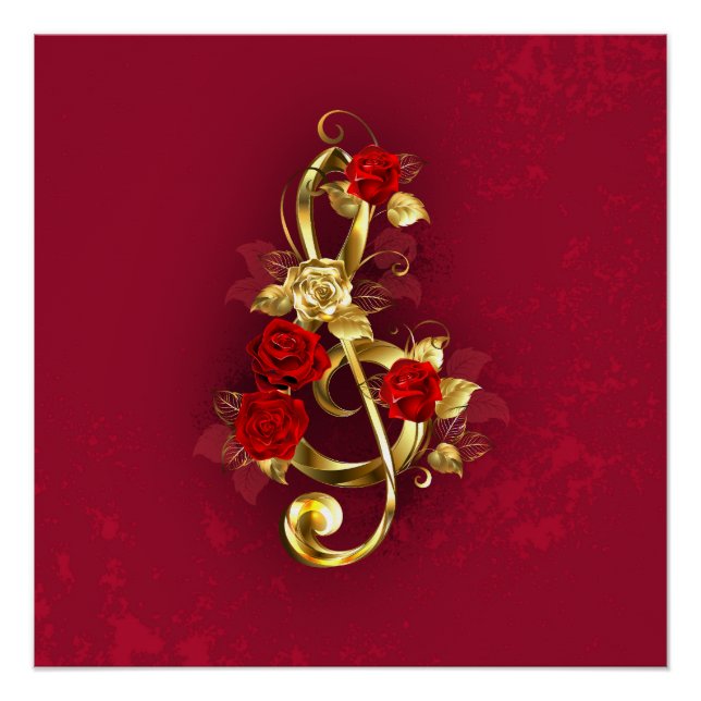 Poster Golden Treble Clef avec fleurs Roses (Devant)