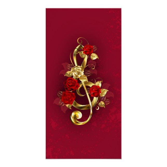 Poster Golden Treble Clef avec fleurs Roses (Devant)