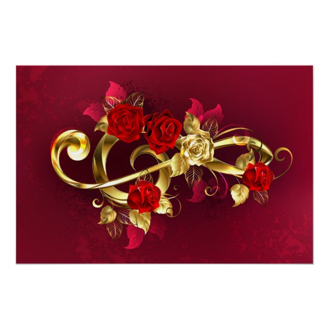 Poster Golden Treble Clef avec fleurs Roses (Devant)