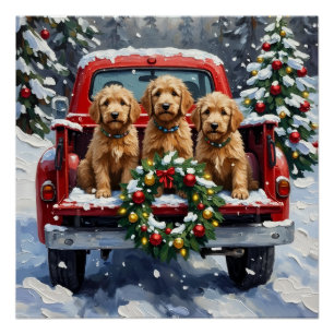 Poster Goldendoodle Noël Camion Rouge Fêtes