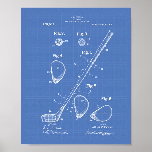 Poster Golf Club 1910 Patent Art - Blueprint (Devant)