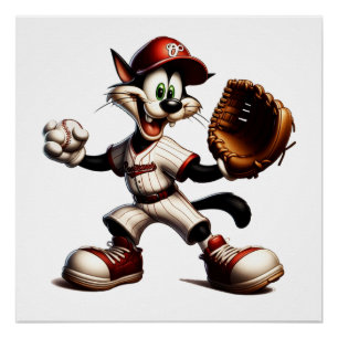 Poster Goofy Cat Baseball Pitcher Monte