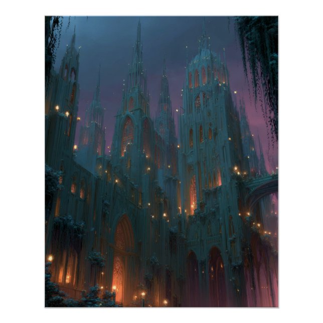 Poster Gothic Castle Under Aurora Fantasy Night Art (Devant)