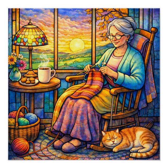 Poster Grand-mère au vitrail tricotant, chat et maison co (Devant)