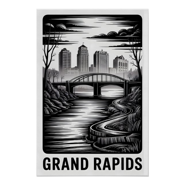 Poster Grand Rapids Michigan Skyline Noir Blanc Gravure s (Devant)
