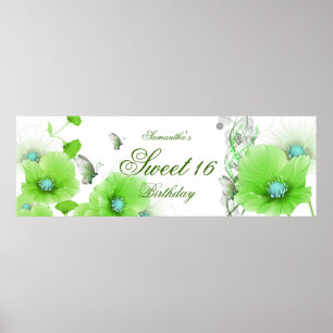 Poster grande Bannière Anniversaire Joli Floral Vert Blan