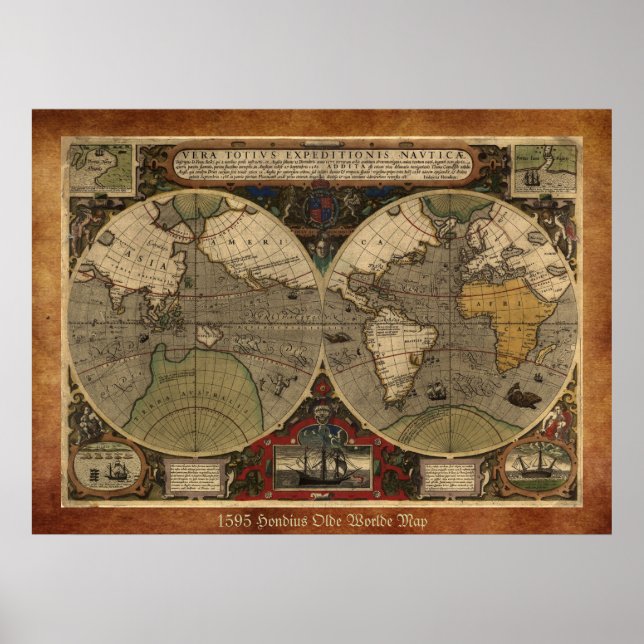Poster Grande carte historique "1595 carte mondiale d'Hon (Devant)