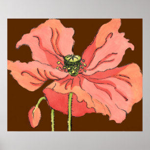 Poster Grande Fleur rose avec Arrière - plan rouge profon