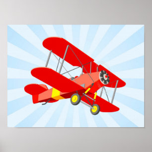 Poster Graphique Biplane rouge avec Blue Star Burst
