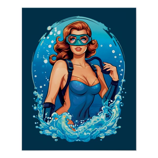 Poster Graphique vintage Design Femme Plongeur de plongée (Devant)