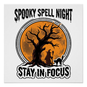 Poster Graphisme sorcière d'Halloween vintage et chat noi