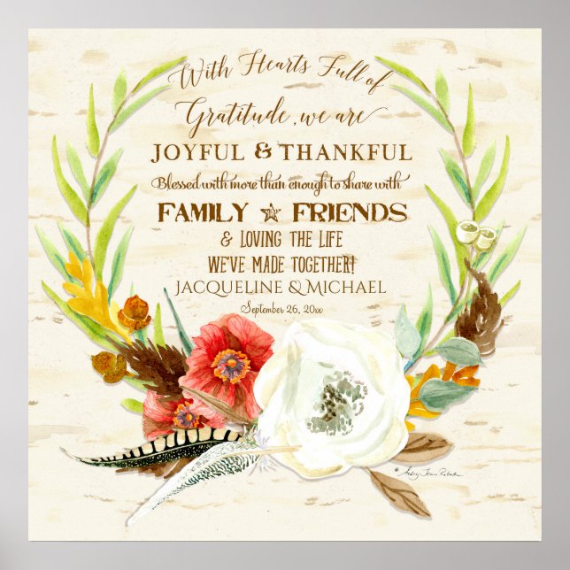 Poster Gratitude Mariage Boho Bohemian Wreath Floral Fall (Devant)