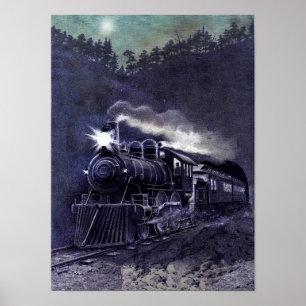 Poster Gravure à l'eau-forte colorée victorienne - train