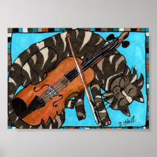 Poster Gray Tabby Cat with Violin Fiddle Folk Art