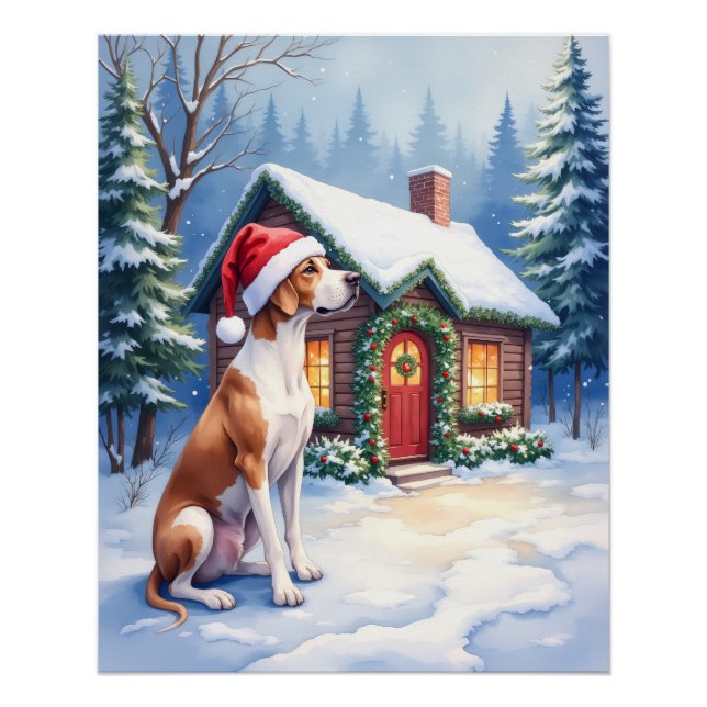 Poster Great Dane Snowy Cabin Santa Hat Christmas Art (Devant)
