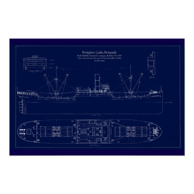Poster Great Lakes Freighter Lake Fernando Blueprint (Devant)