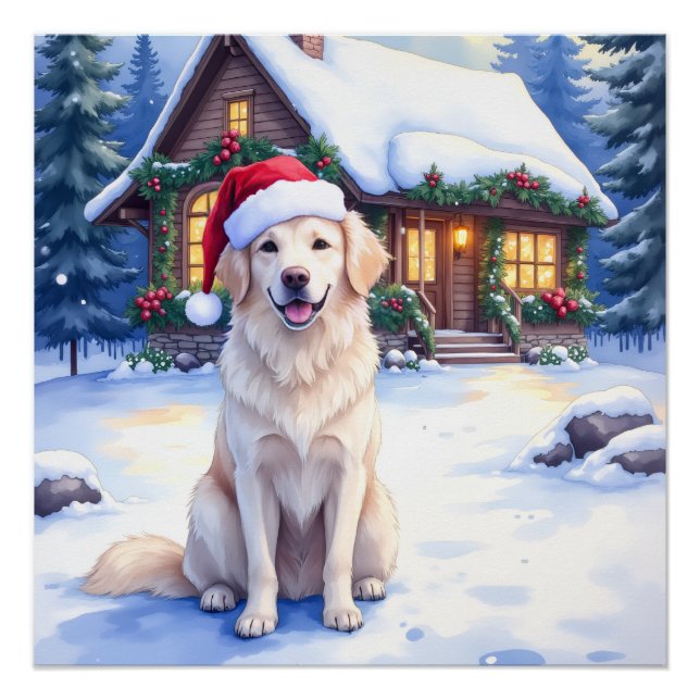 Poster Great Pyrenees Snowy Mountain Lodge Santa Hat (Devant)
